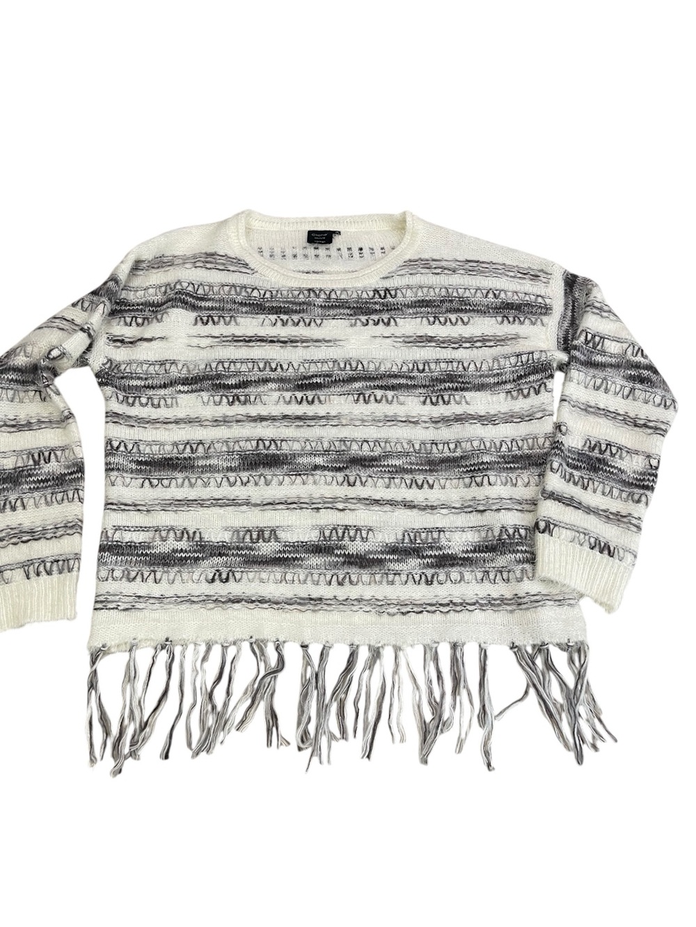 Fringed Ivory‎ Crewneck Sweater with Gray Stripe Detail